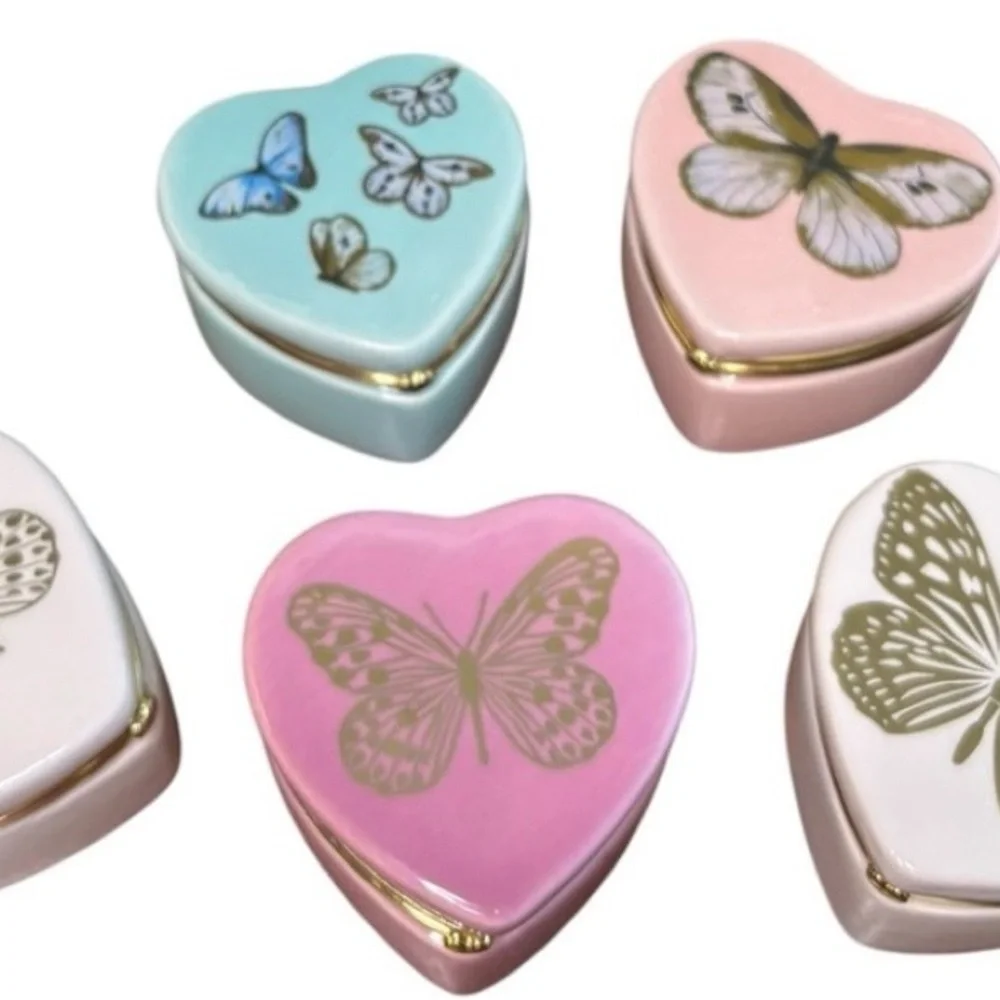 Heart Butterfly Trinket Boxes Set of 5 Pink Mint Gold Decor